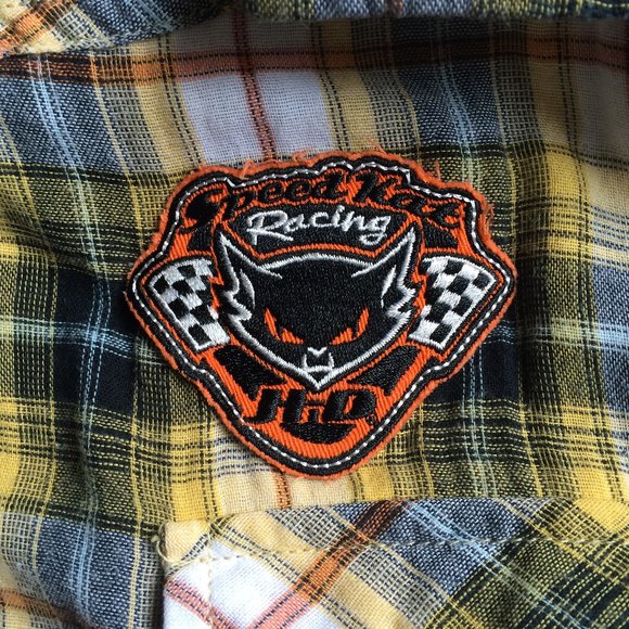 Harley Davidson Womens Speedway Spirit Blouse Medium Plaid Pearl Snap Cap Sleeve - Picture 8 of 9